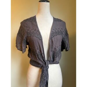 American Eagle Tie Cardigan eyelet  Embroidered L XL boho fairy Y2K cottageCore